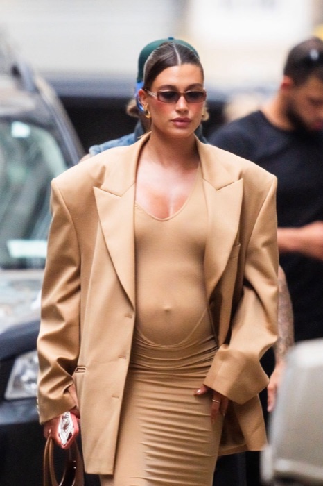 Hailey Bieber wearing Camel